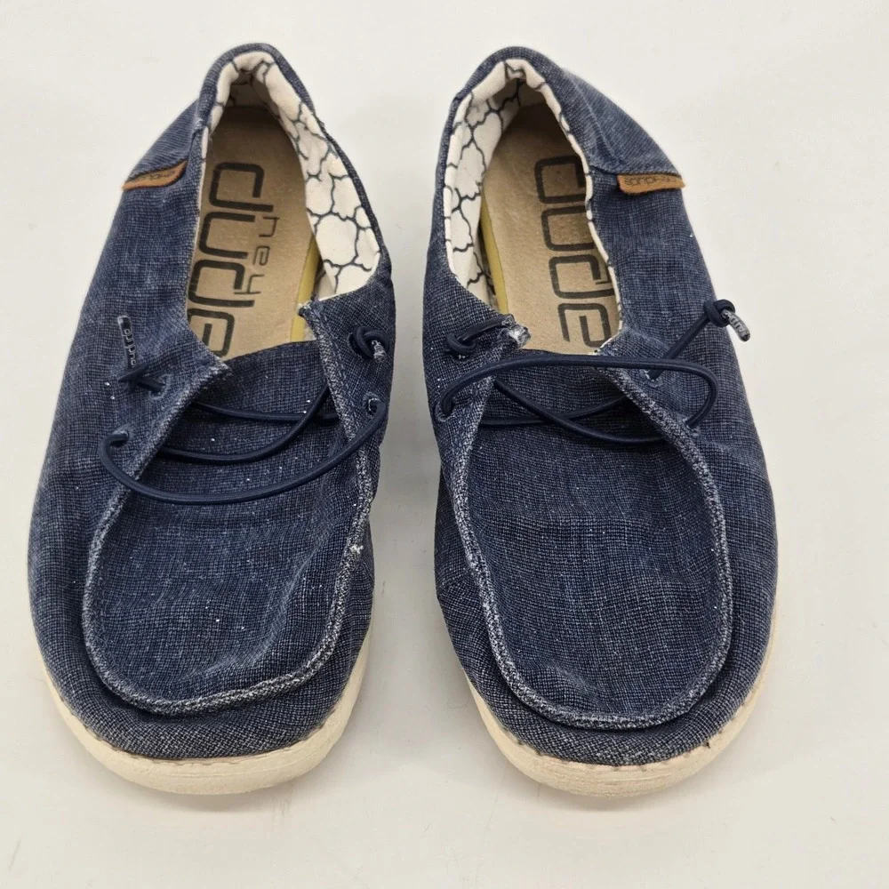 HeyDude Wendy Youth Sparkling Denim Blue Canvas Loafer Slip On Shoes Size 2